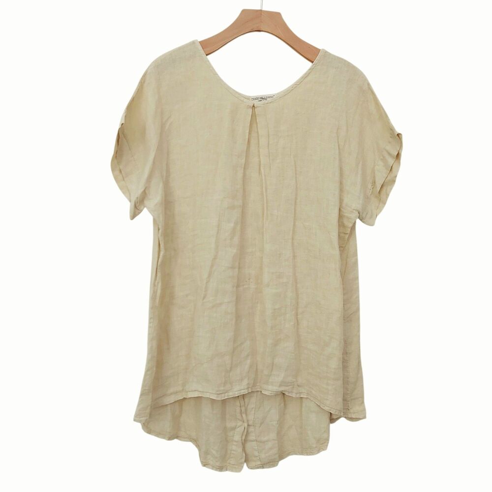 Terzo Millennio Linen Tunic Womens Large Beige Short Sleeve Italian Coastal